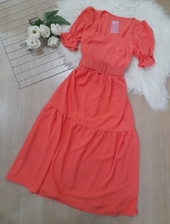 Vestido feminino midi alaranjado com cinto