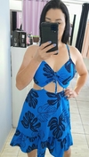 Vestido curto feminino azul estampado com bojo