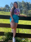 Shorts feminino curto social alfaiataria azul com cinto