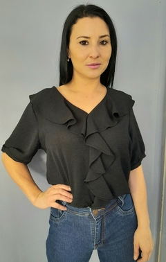 Blusa feminina preta social manga curta com babado