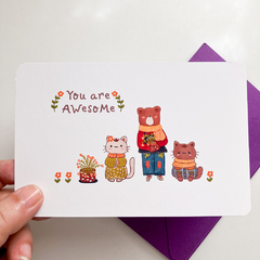 Illustrated Postcard "You Are Awesome" – Kittens and Bear | 10x15 cm | Art for Decorating or Giving Away - Tuky Waingan Handmade