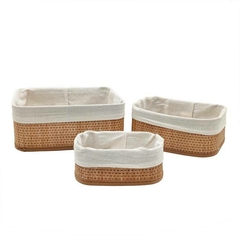 SET x3 CANASTO RECTANG. BAMBU/TELA BLANCA - comprar online