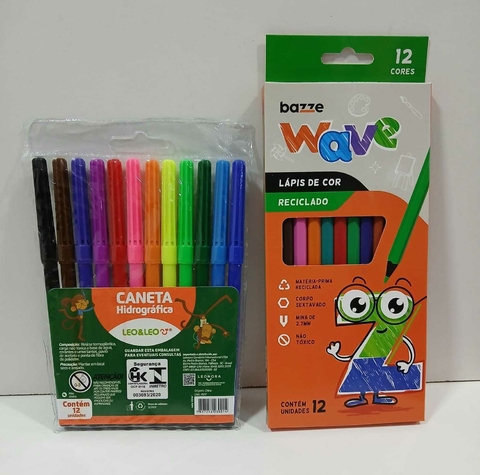 Kit Pintura- Lápis de Cor 12 cores Wave e Canetinha 12 cores Léo&Léo