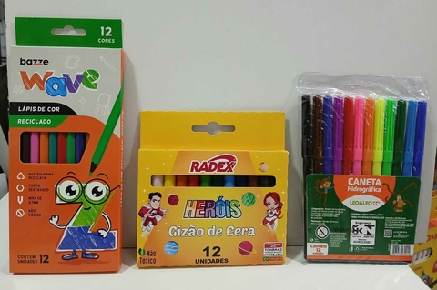 Kit Lápis de cor 12 Cores Wave + Canetinha 12 Cores Léo&Léo + Giz de Cera 12 Cores Presente Desenho
