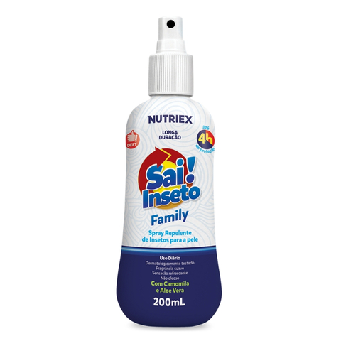 Spray repelente de insetos Sai Inseto Family 200ml da Nutriex, com informações sobre uso diário e ingredientes como camomila e aloe vera.