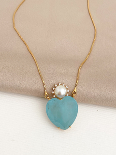 COLAR CORAÇÃO FUSION BLUE LIGHT E PÉROLA BANHO A OURO 18K