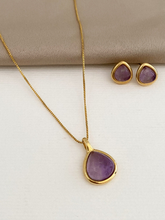 CONJUNTO GOTA COM AMETISTA NATURAL BANHO A OURO 18K