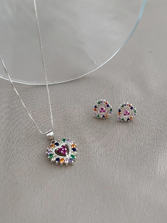 CONJUNTO CORAÇÃO MULTICOLORIDO PRATA 925