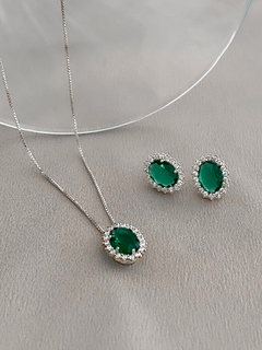 CONJUNTO OVAL ESMERALDA COM ZIRCÔNIAS PRATA 925