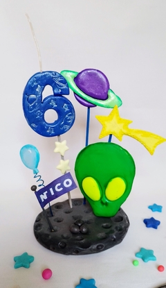 Adorno de torta con Nombre y Número vela Porcelana Fría - Espacial astronauta Cohete Alien - tienda online
