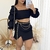 Conjunto Feminino Cropped e Saia Curta Com Fenda Linho Manga Longa