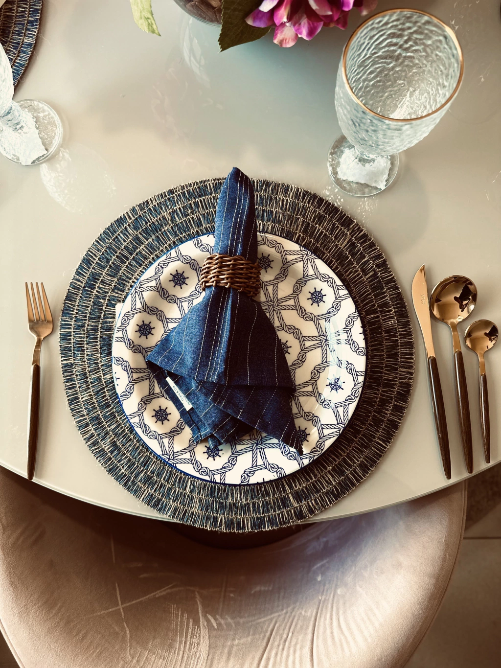 Conjunto com 6 Lugares Americanos de Linho Azul Escuro 38Cm - Wolff