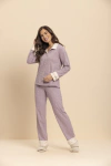 Pijama Longo Feminino Aberto - Estrelas Lilás e Branco com botão