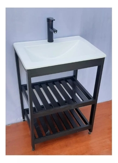 Vanitory de pino negro 60cm + bacha marmolina + griferia ABS Pastica negra - (copia) - (copia)