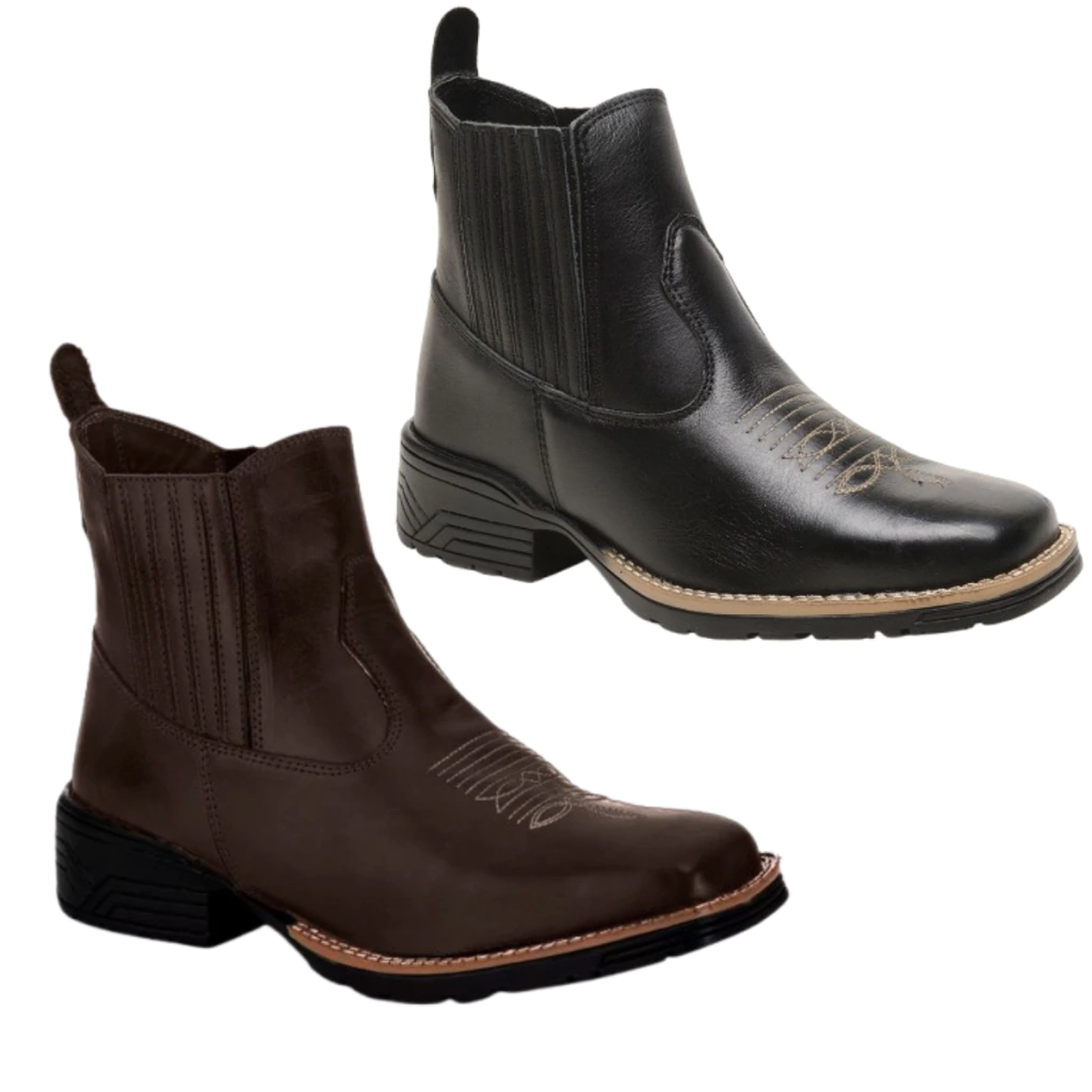 2 Pares Botina Masculina Texana Couro Legítimo Bordada Super Confortável 2810