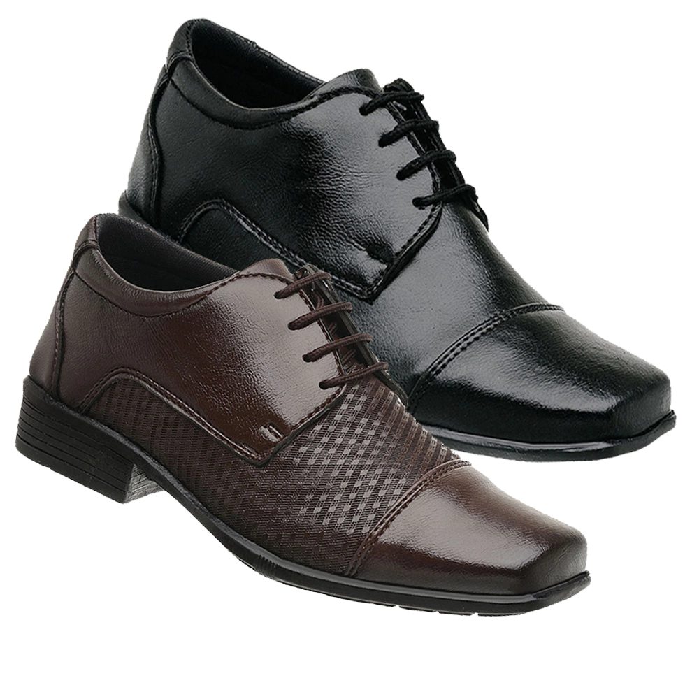 2 Pares Sapato Infantil Social De Amarrar Preto e Café KIT30