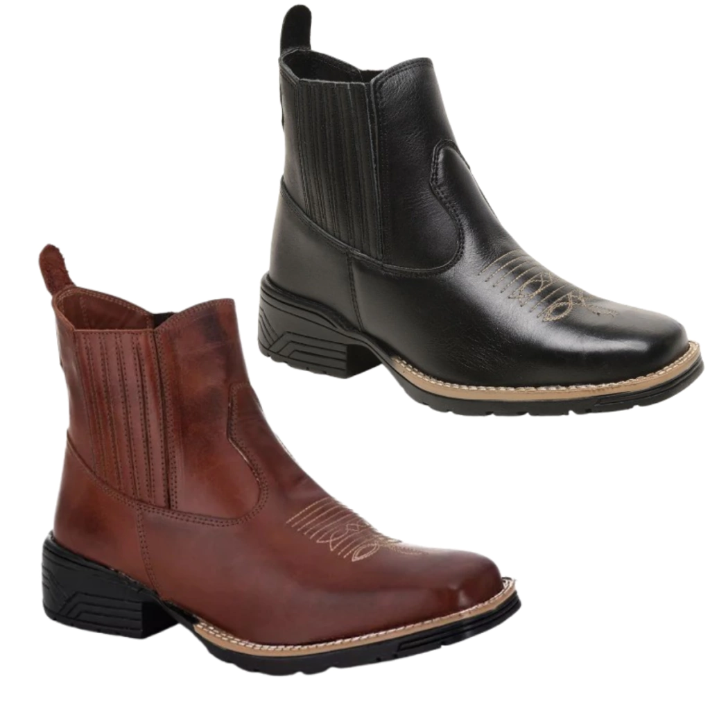 2 Pares Botina Masculina Texana Couro Legítimo Bordada Super Confortável 2810