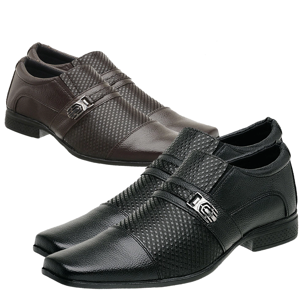 KIT 2 Pares Sapato Social Masculino Em Couro Solado Borracha KIT12