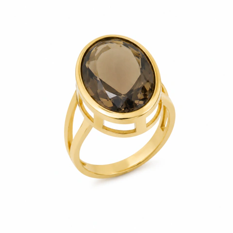 Anel Elegânce Cristal Oval Fumê | Banho Ouro 18K