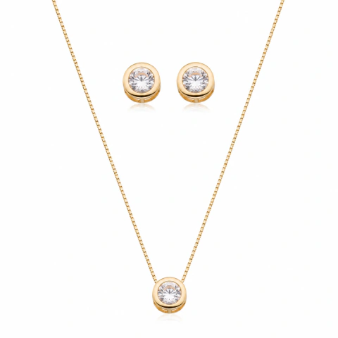 Conjunto Elegânce Ponto de Luz Zircônia (M) Banho Ouro 18k