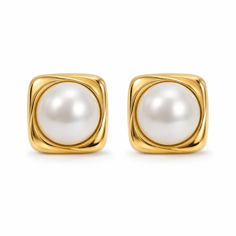 Brinco Elegamce Pérola Quadrado Ouro 18K