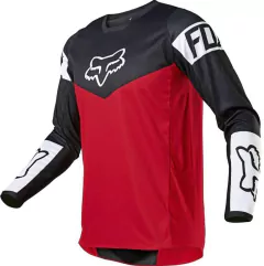 Jersey de motocross Fox Racing en rojo y negro, con diseño transpirable y mangas largas. Perfecto para motocross, enduro y off-road.