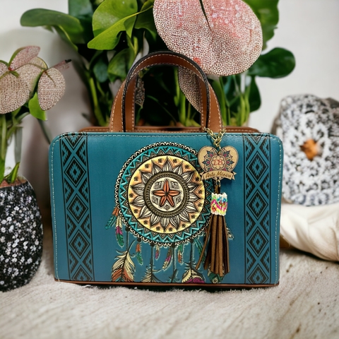 Bolso de Piel Artesanal Cincelado Atrapa Sueños Azul - comprar en línea