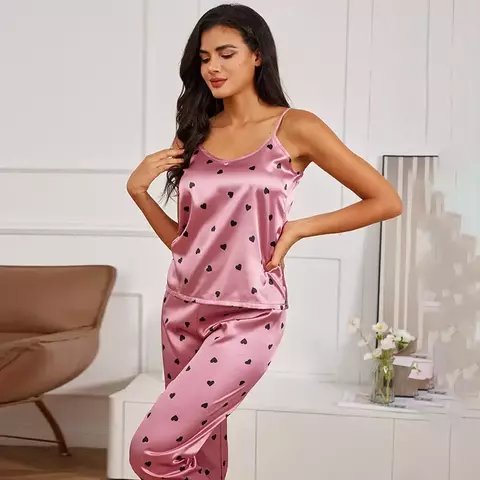 Conjuntos de pijamas de seda cetim para mulheres, carta estampada, colete cami,
