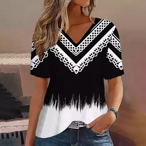 Moda feminina t camisa listras impressão gradiente decote em v manga curta bás - comprar online