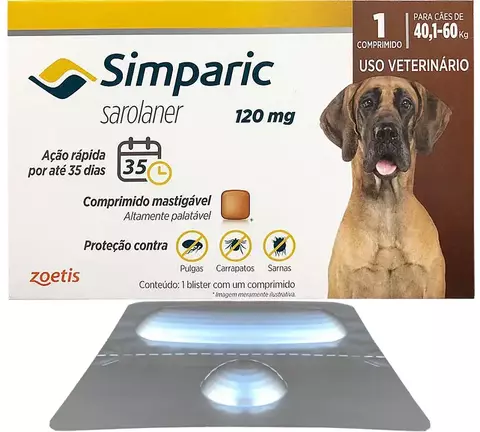 Simparic 40 a 60 Kg 120mg 1 Comprimido Mastigável Palatável Pulgas Carrapatos Sarnas - ZOETIS