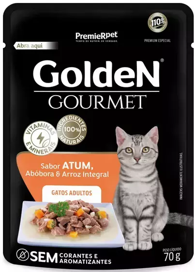 SACHÊ GOLDEN GOURMET GATOS ADULTO ATUM, ABÓBORA E ARROZ INTEGRAL 70 GR
