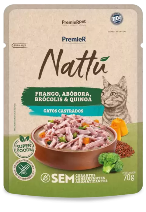 SACHÊ PREMIER NATTÚ GATOS CASTRADOS FRANGO, ABÓBORA, BRÓCOLIS E QUINOA 85GR