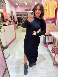 Vestido longo fenda decote costa preto
