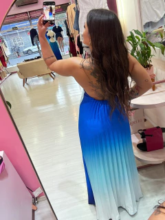 Vestido longo frente unica Plissado azul - Diamante Rose | Moda feminina Esteio | Loja de roupas feminina