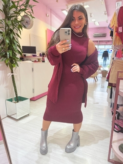 Conjunto vestido e cardigan vinho - comprar online