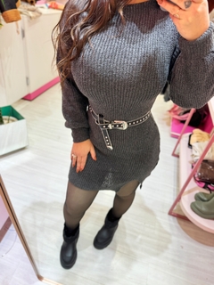 Vestido tricô fenda cinza chumbo - Diamante Rose | Moda feminina Esteio | Loja de roupas feminina