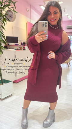 Conjunto vestido e cardigan vinho - Diamante Rose | Moda feminina Esteio | Loja de roupas feminina