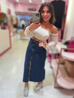 Saia midi jeans - Diamante Rose | Moda feminina Esteio | Loja de roupas feminina