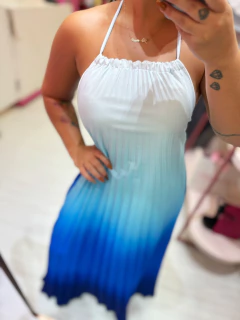 Vestido longo frente unica Plissado azul - loja online
