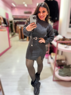Vestido tricô fenda cinza chumbo - comprar online