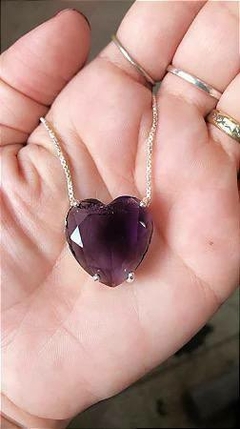 Cordão Coração Roxo em Prata 925 com 45 cm