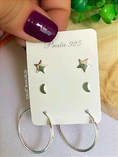 Trio Lua, estrela e argolinha em Prata 925.