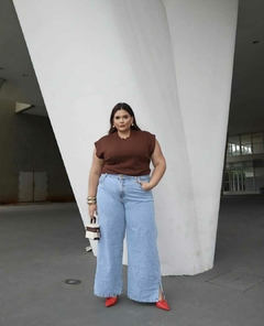 Calça Wide Leg Jeans Claro Marmorizado com Fenda Plus Size - loja online