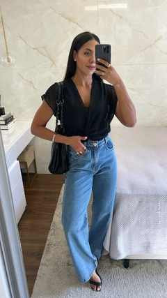 Calça Wide Leg Jeans Médio Marmorizado - Huzzi Jeans