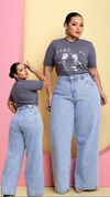 Calça Wide Leg Jeans Claro Marmorizada Botão Prata - comprar online
