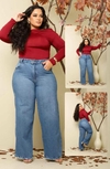 Calça Wide Leg Jeans Médio Botão Marrom Plus Size - comprar online