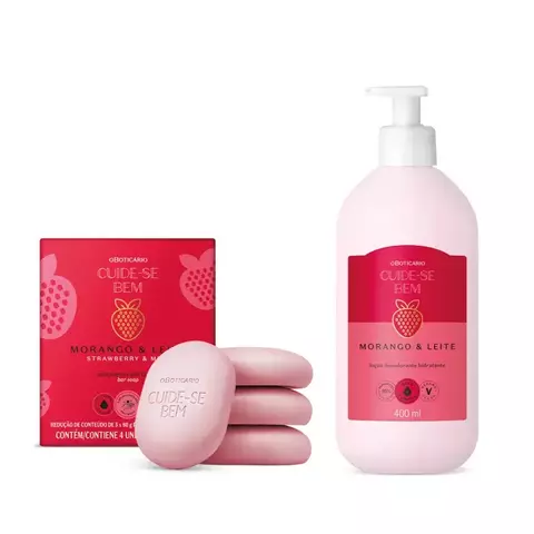 Combo Cuide-se Bem Morango e Leite: Loção Corporal 400ml + Sabonetes em Barra 4x80g