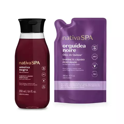Combo Sabonete Líquido Perfumado Nativa Spa: Ameixa Negra 250ml + Refil Orquídea Noire 200ml