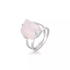 Anel Ajustável Aro Duplo Quartzo Rosa Bruta Prata 925