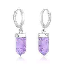 Brinco Argola Click Pedra Ametista Ponta Prata 925